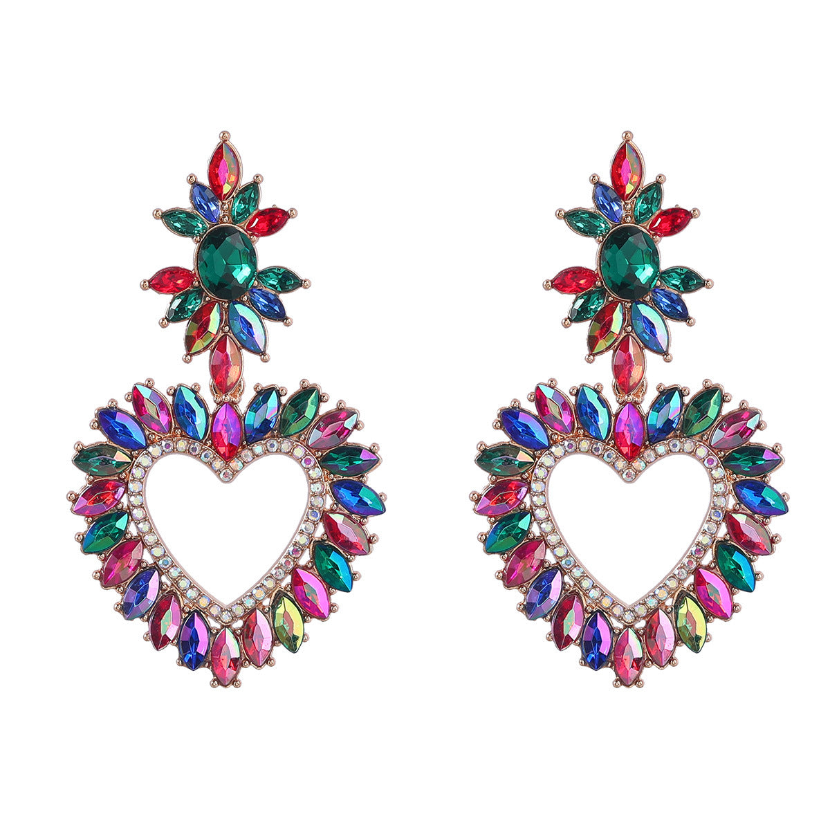Wholesale Alloy Color Diamond Flower Love Shape Gemstone Earrings